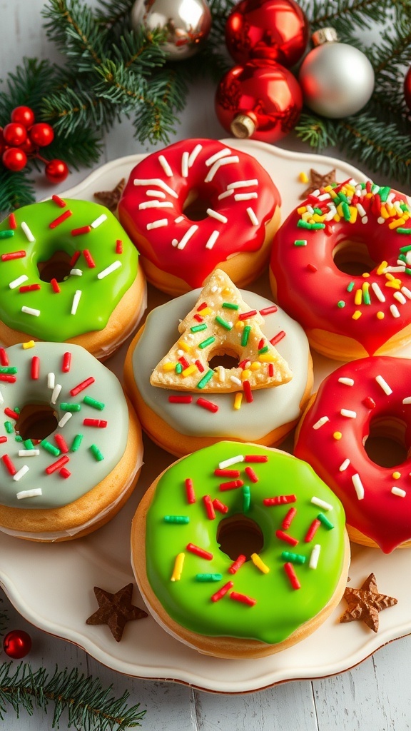 A plate of festive Christmas donuts with colorful icing and sprinkles, decorated for the holiday season.